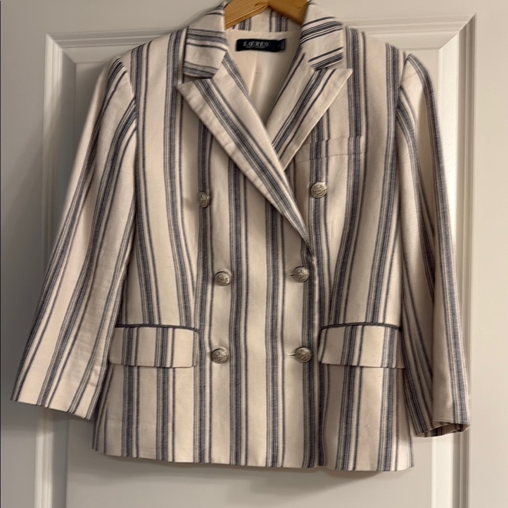 Ralph Lauren Double Breast Linen Striped Blazer - Cream and Navy Blue